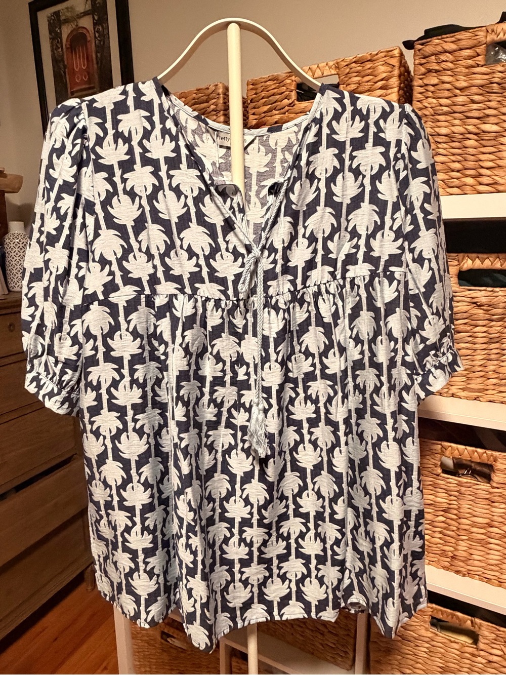 Printed Navy and White Peasant Tunic with Tie Neck